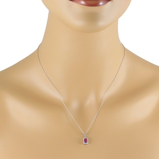 Emerald Cut Ruby Diamond Halo Pendant Necklace 10Kt Gold 