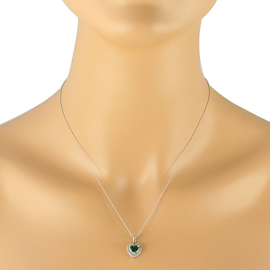 Lab Created Emerald Diamond Heart Pendant Necklace Sterling Silver 