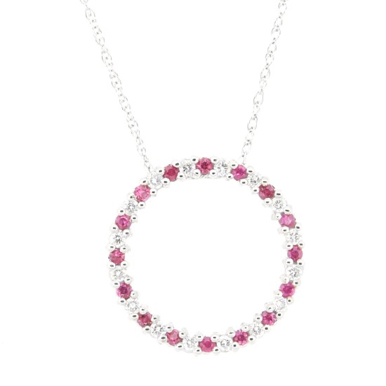 Ruby Diamond Circle of Life Pendant Necklace 14Kt White Gold 