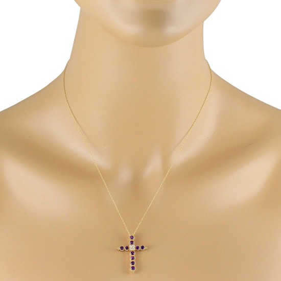 Amethyst Diamond Cross Pendant Necklace 14Kt Yellow Gold 