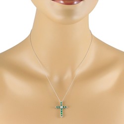 Genuine Emerald Diamond Cross Pendant Necklace 14Kt Gold 