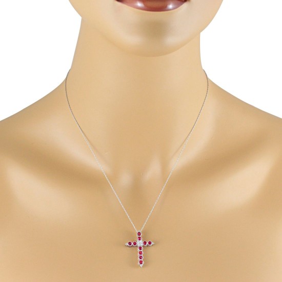 Genuine Ruby Diamond Cross Pendant Necklace 14Kt White Gold 