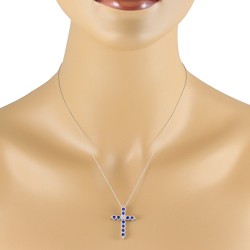 Blue Sapphire Diamond Cross Pendant Necklace 14Kt Gold 