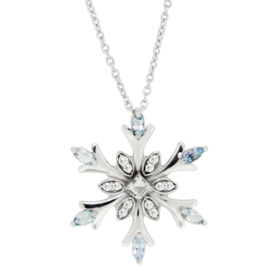 Aquamarine CZ Snowflake Pendant Necklace Sterling Silver