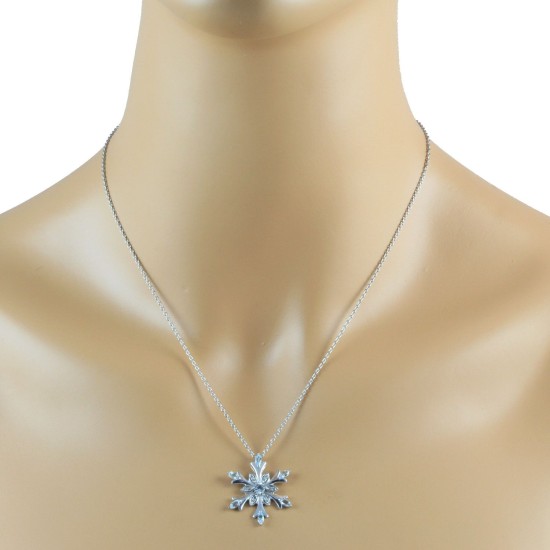 Aquamarine CZ Snowflake Pendant Necklace Sterling Silver