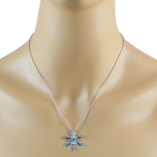 Blue Topaz Swarovski Zirconia Snowflake Pendant Necklace Sterling Silver 