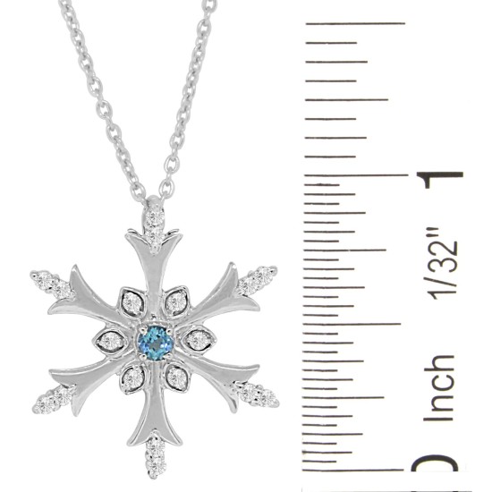 Blue Topaz CZ Snowflake Pendant Necklace Sterling Silver 