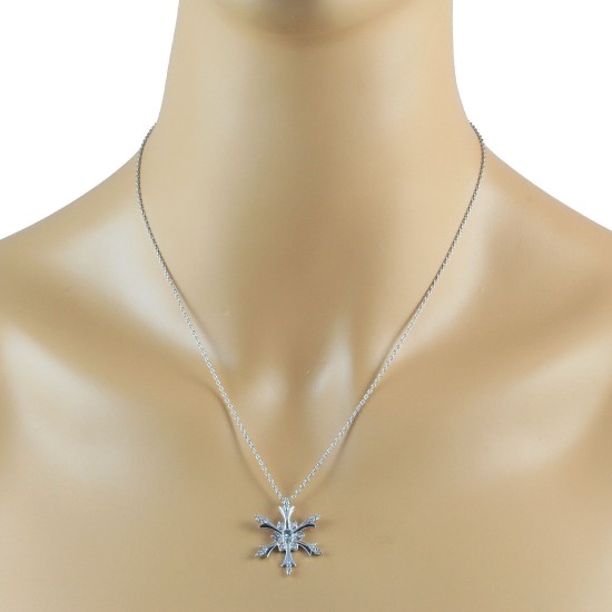 Aquamarine CZ Snowflake Pendant Necklace Sterling Silver