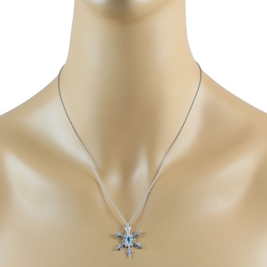 Blue Topaz CZ Snowflake Pendant Necklace Sterling Silver 