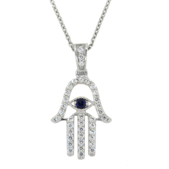 Swarovski Zirconia Jewish Hand of God Hamsa Pendant Sterling Silver