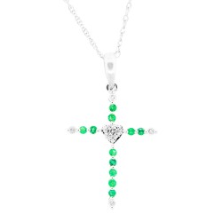 Emerald and Diamond Cross Pendant Necklace 14Kt White Gold