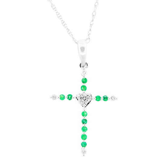 Emerald and Diamond Cross Pendant Necklace 14Kt White Gold