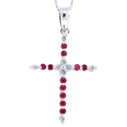 Ruby Diamond Cross Pendant Necklace 14Kt White Gold 