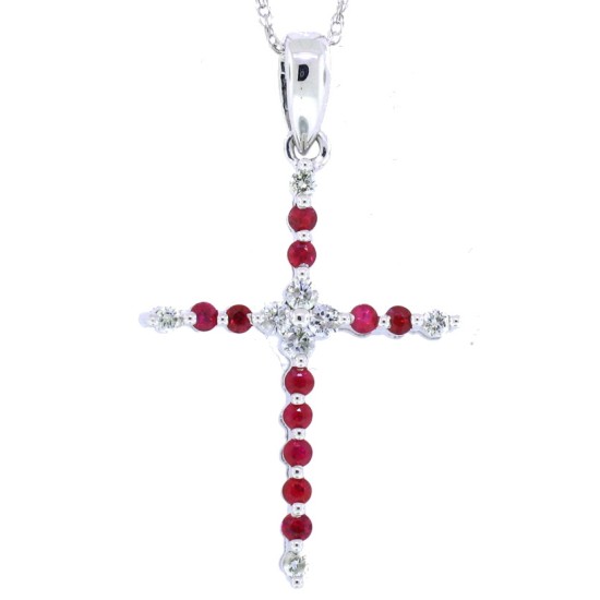 Ruby Diamond Cross Pendant Necklace 14Kt White Gold 