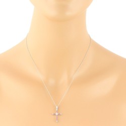 Ruby Diamond Cross Pendant Necklace 14Kt White Gold 