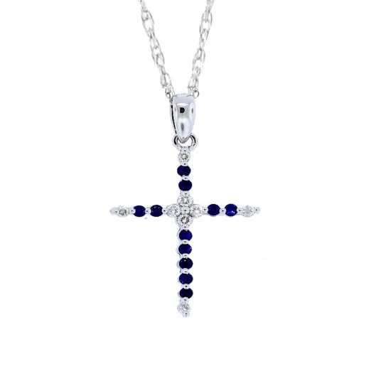 Sapphire Diamond Cross Pendant Necklace 14Kt White Gold 