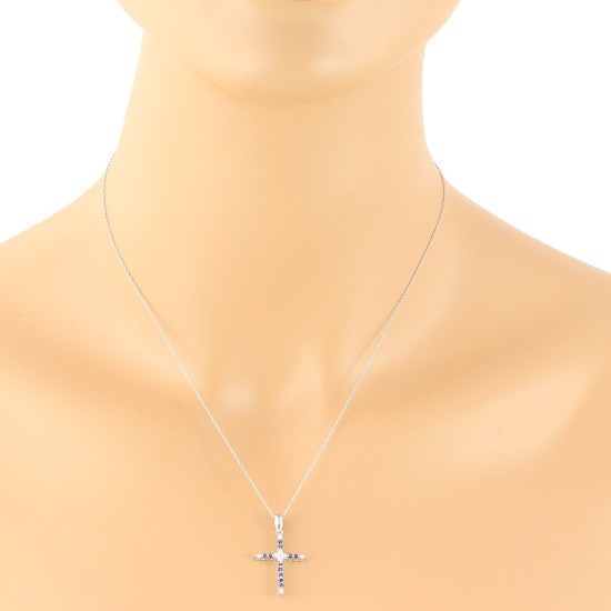 Sapphire Diamond Cross Pendant Necklace 14Kt White Gold 