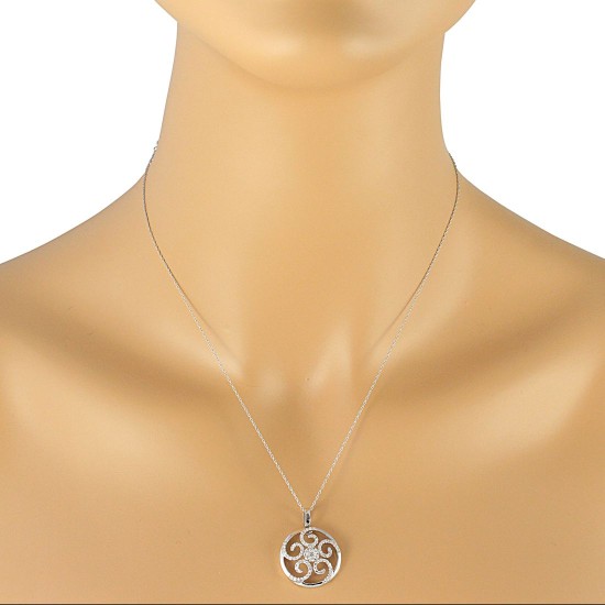 Swirling Diamond Pendant Necklace 10Kt White Gold 