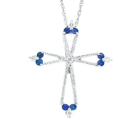 Sapphire and Diamond Cross Pendant Necklace 14Kt White Gold 