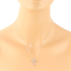 Ruby and Diamond Cross Pendant Necklace 14Kt White Gold 