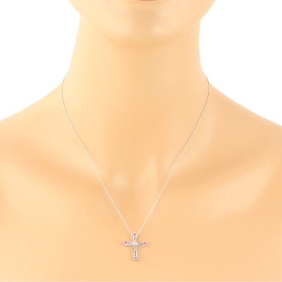 Ruby and Diamond Cross Pendant Necklace 14Kt White Gold 