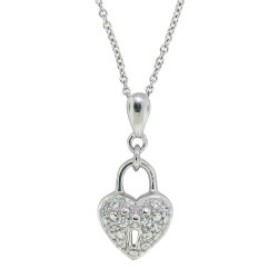 Cubic Zirconia Heart lock Pendant Necklace Sterling Silver  