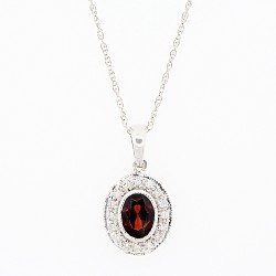 Garnet and Diamond Halo Pendant Necklace 14Kt White Gold