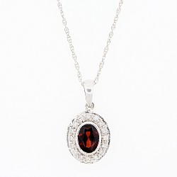 Garnet and Diamond Halo Pendant Necklace 14Kt White Gold