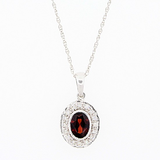 Garnet and Diamond Halo Pendant Necklace 14Kt White Gold