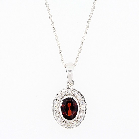 Garnet and Diamond Halo Pendant Necklace 14Kt White Gold