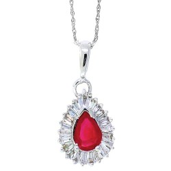 Pear Shape Ruby Diamond Pendant Necklace 14Kt White Gold 