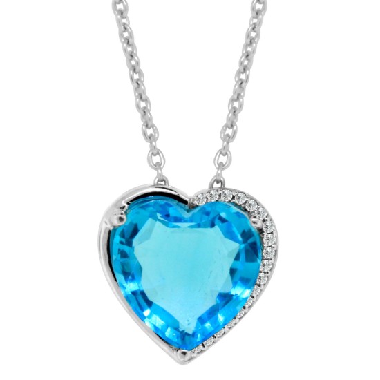 Lab Created Aquamarine CZ Heart Pendant Necklace Sterling Silver 