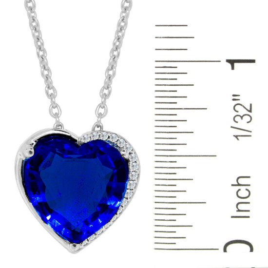 Lab Created Sapphire CZ Heart Pendant Necklace Sterling Silver 