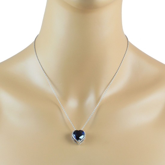 Lab Created Sapphire CZ Heart Pendant Necklace Sterling Silver 