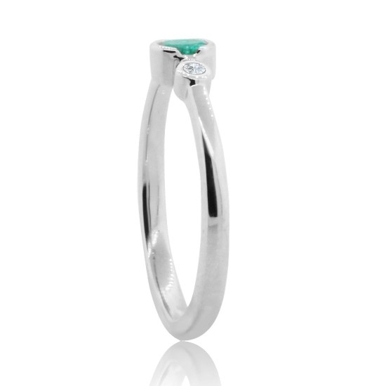 Emerald Diamond Three Stone Ring 14Kt White Gold Bezel Set