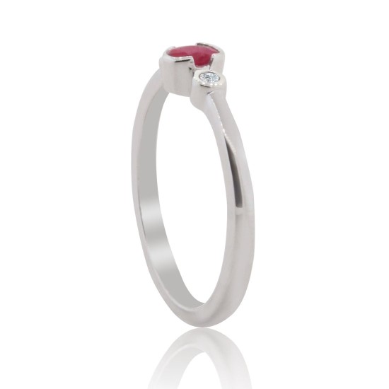 Ruby Diamond Three Stone Ring 14Kt White Gold, Bezel Set 