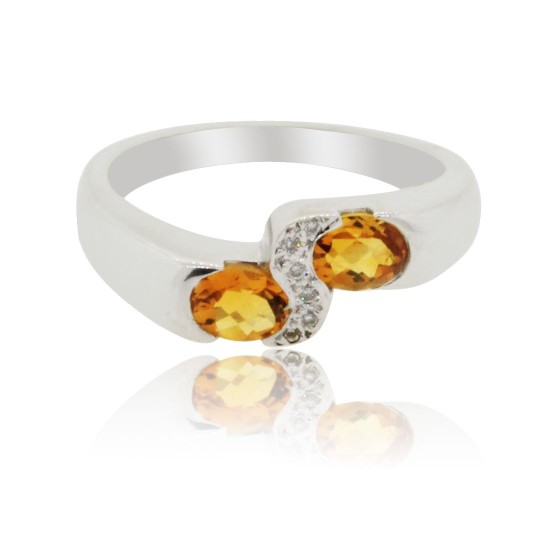 14Kt White Gold Natural Citrine and Diamond Band Ring