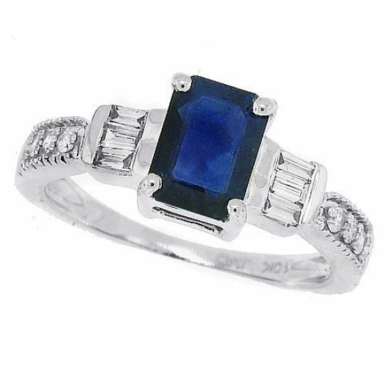 Emerald Cut Sapphire and Diamond Ring 10Kt White Gold