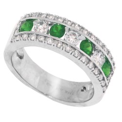 Emerald and Diamond Band, 14Kt White Gold, Anniversary, Right Hand, July Birthstone