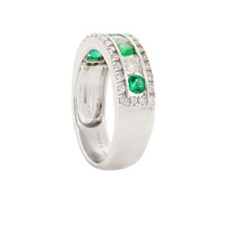 Emerald and Diamond Band, 14Kt White Gold, Anniversary, Right Hand, July Birthstone