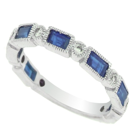 Genuine Sapphire Diamond Wedding Band in 14Kt White Gold