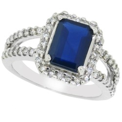 Emerald Cut Blue Sapphire Diamond Ring 10Kt White Gold