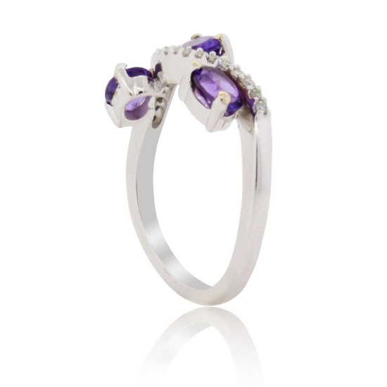 Three Stone Amethyst and Diamond Ring 14Kt White Gold