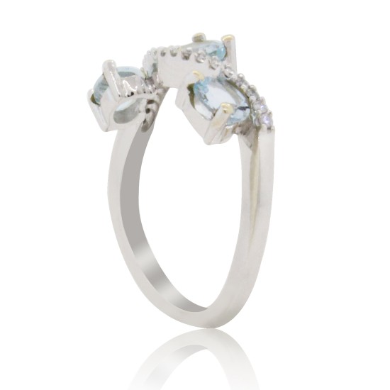 Three Stone Aquamarine and Diamond Ring 14Kt White Gold