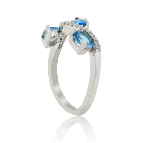 Three Stone Blue Topaz and Diamond Ring 14Kt White Gold