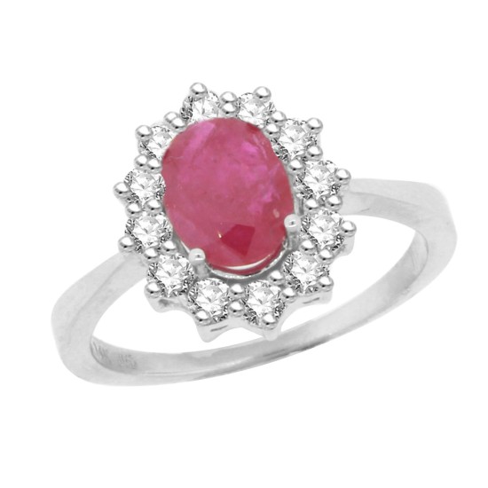 Genuine Ruby and Diamond Engagement Ring,14kt White Gold 