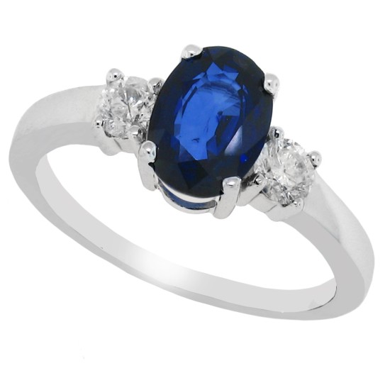 Three Stone Genuine Sapphire Diamond Ring 14Kt White Gold