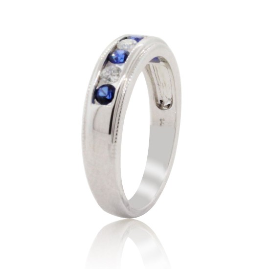 Genuine Sapphire Diamond Wedding Band 14Kt White Gold