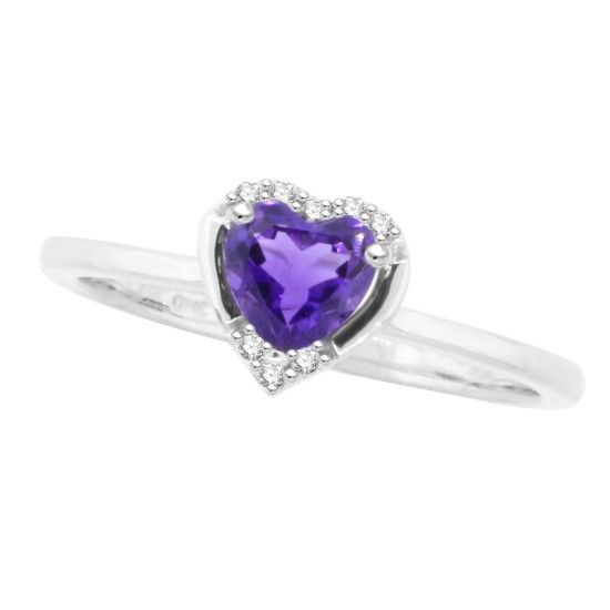 Heart Shaped Natural Amethyst Diamond Ring 10Kt White Gold