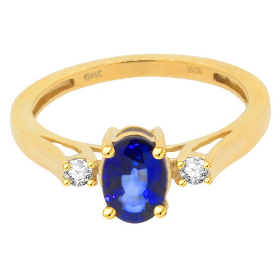 Three Stone Genuine Sapphire Diamond Ring 10Kt Yellow Gold